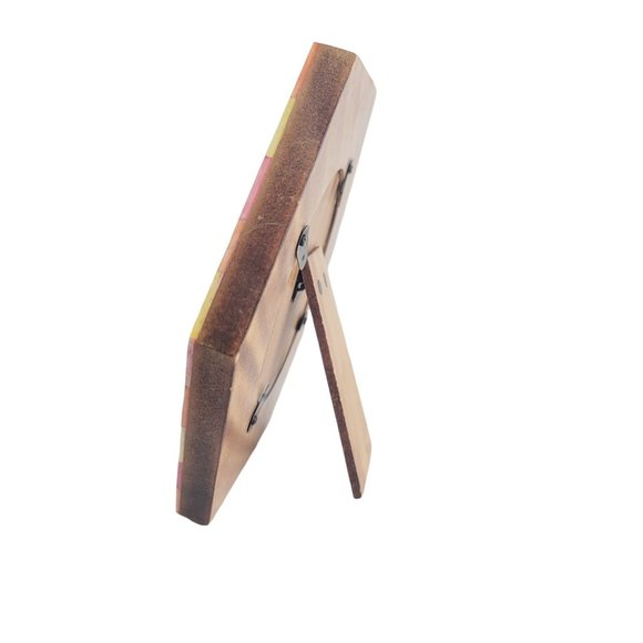 Pink Yellow & Orange Shell (?) and Wood Table Top Round Photo Picture Frame - Picture 4 of 8